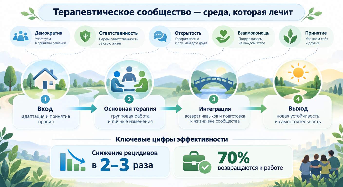 Инфографика: этапы терапевтического сообщества в реабилитации зависимостей