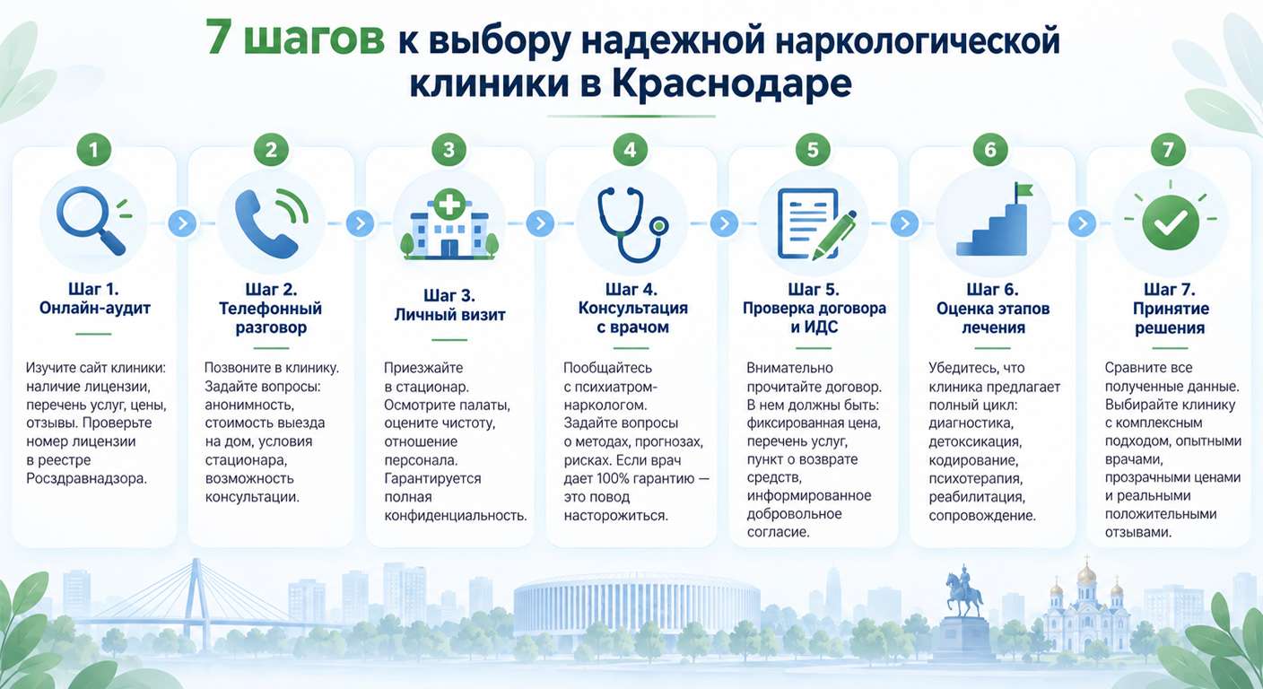 Инфографика с основными критериями, которые помогут понять, как выбрать наркологическую клинику