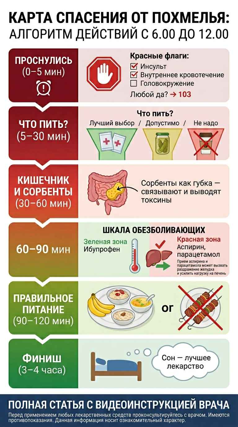Инфографика с пошаговым алгоритмом, как избавиться от похмелья быстро и эффективно в домашних условиях по часам.