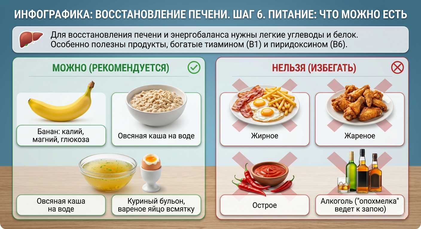 Инфографика с разрешёнными и запрещёнными продуктами — питание, помогающее избавиться от похмелья в домашних условиях.