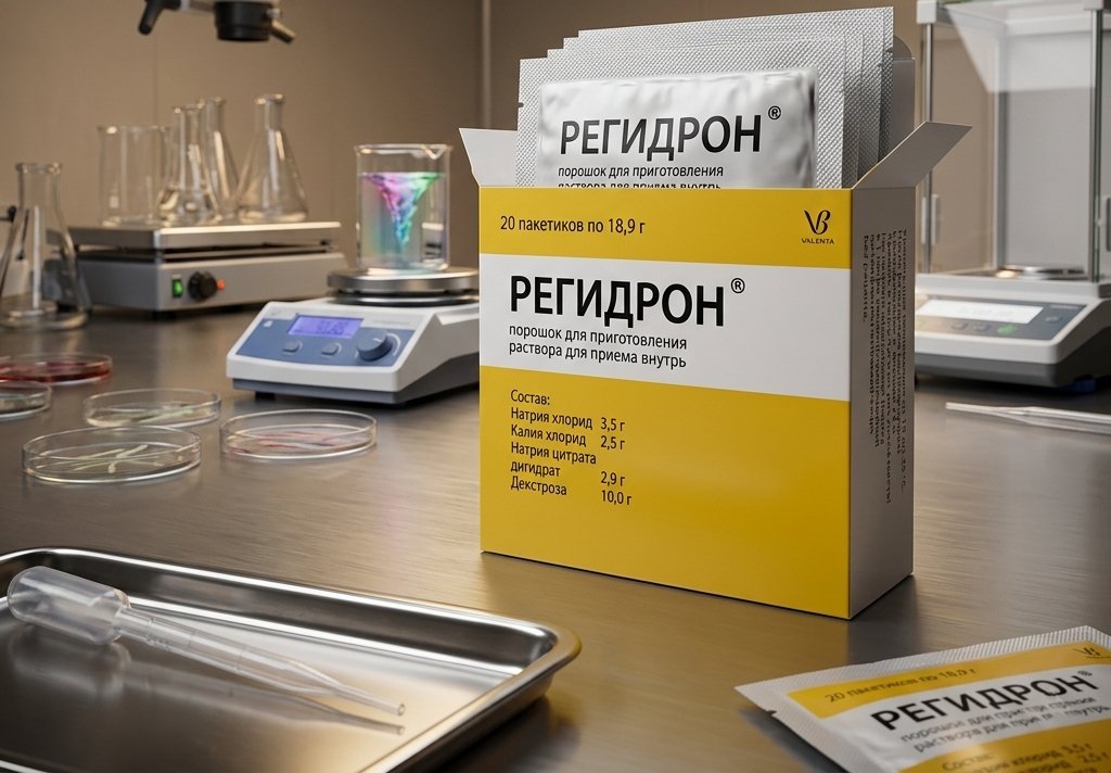 Упаковка порошка Регидрон на лабораторном столе — эффективное средство, как избавиться от похмелья дома.